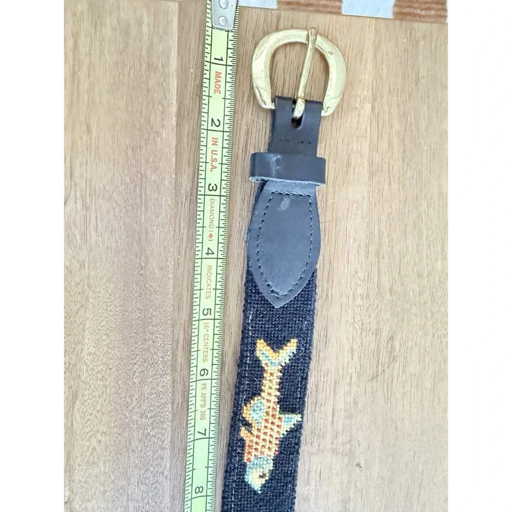 Handmade belt Needlepoint Fish  Mahi Leather Canvas Brass Buckle USA Sz 32 S/M